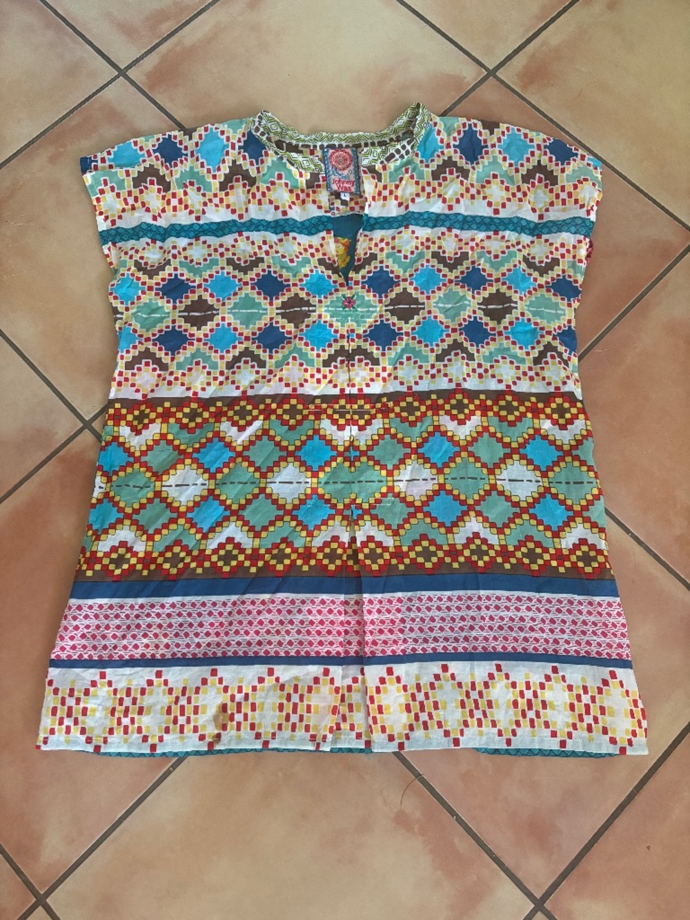 Johnny Was Moxed Print Cap Sleeve Tunic Top Size L
